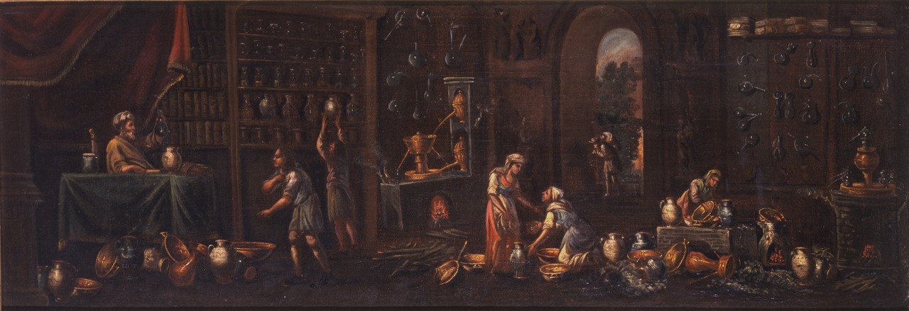 An early Italian Apothecary in 17th Century , Courtesy Fisher Scientific Institute